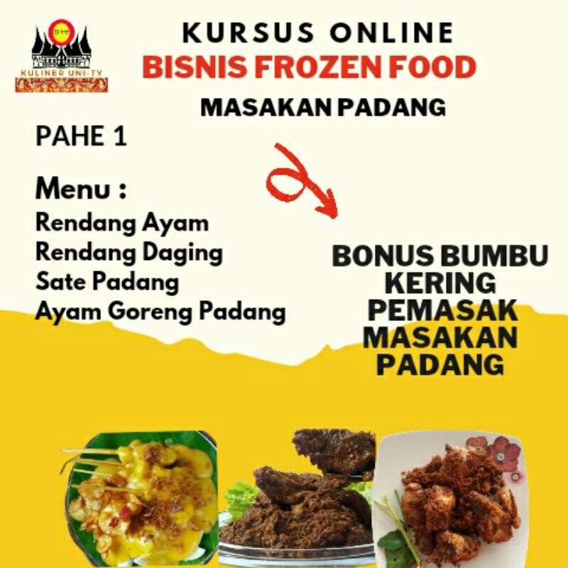 

PROMO E-Course Kursus Frozen Food Masakan Padang PAHE 1 materi rendang daging , rendang ayam, ayam goreng laos, sate padang premium resep asli rumah makan padang