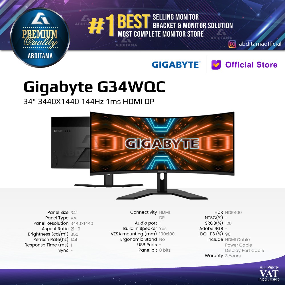 Monitor LED Gaming Gigabyte G34WQC 34&quot; 144Hz HDMI DP