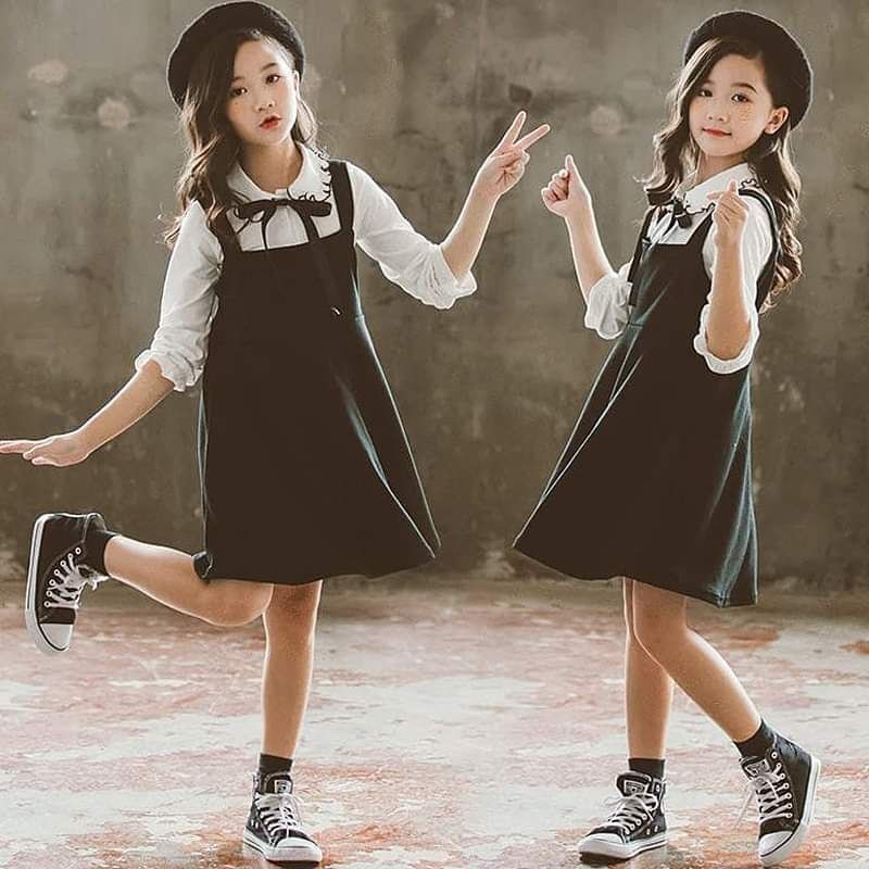 Setelan Overall Dress Anak Perempuan Western Black And White