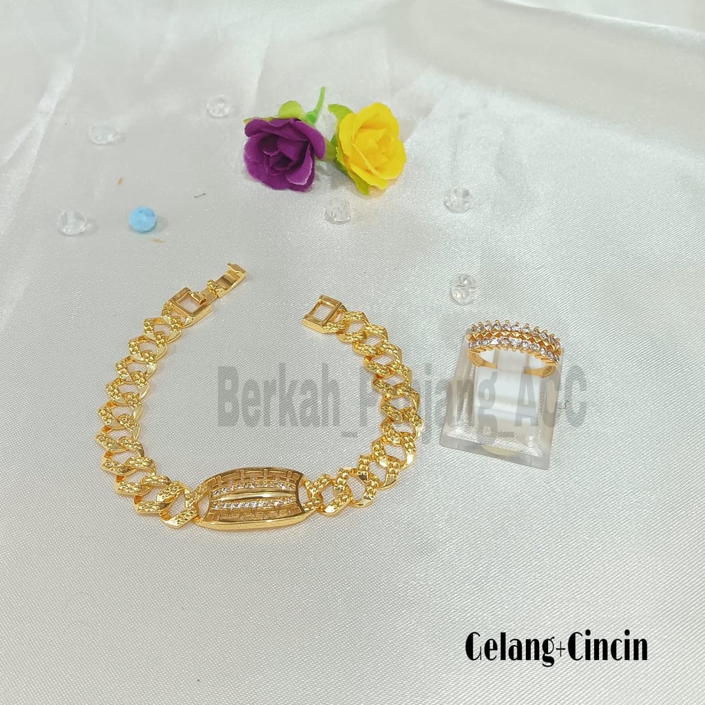 GELANG+CINCIN KOTAK UKIR MINIMALIS KOREA PERHIASAN ANTI KARAT DAN ANTI LUNTUR