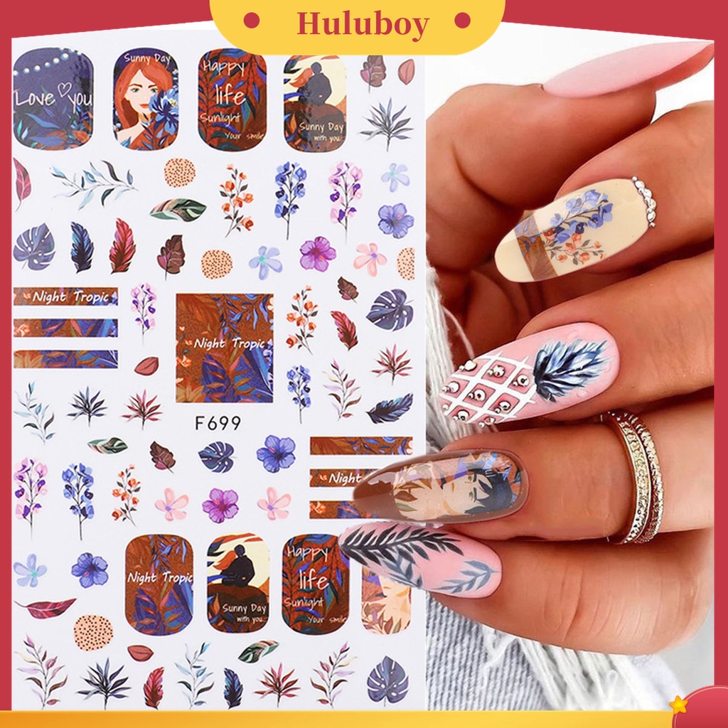 Huluboy Huluboy♡ Stiker Kuku 3D Motif Daun Willow Bunga Lebah Tahan Lama Untuk Dekorasi Nail Art