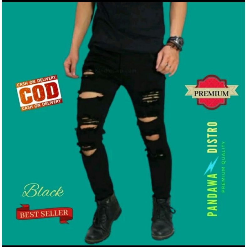 CELANA JEANS PRIA SOBEK ROBEK RIPPED JINS PANJANG HITAM SLIMFIT STRETCH PENSIL PREMIUM 27-38 (BISA COD)