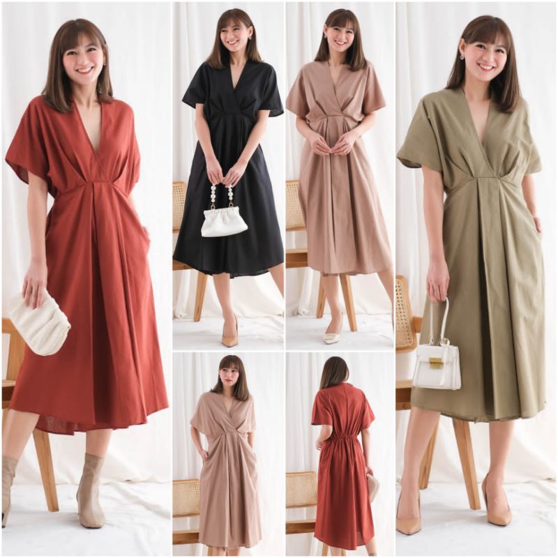 ❣️SPECIAL PRICE ♡ PREMIUM ♡ ORIGINAL ! NATHANIA VINTAGE BIG SIZE KIMONO V-NECK SLING PLAIN SLIT MIDI DRESS