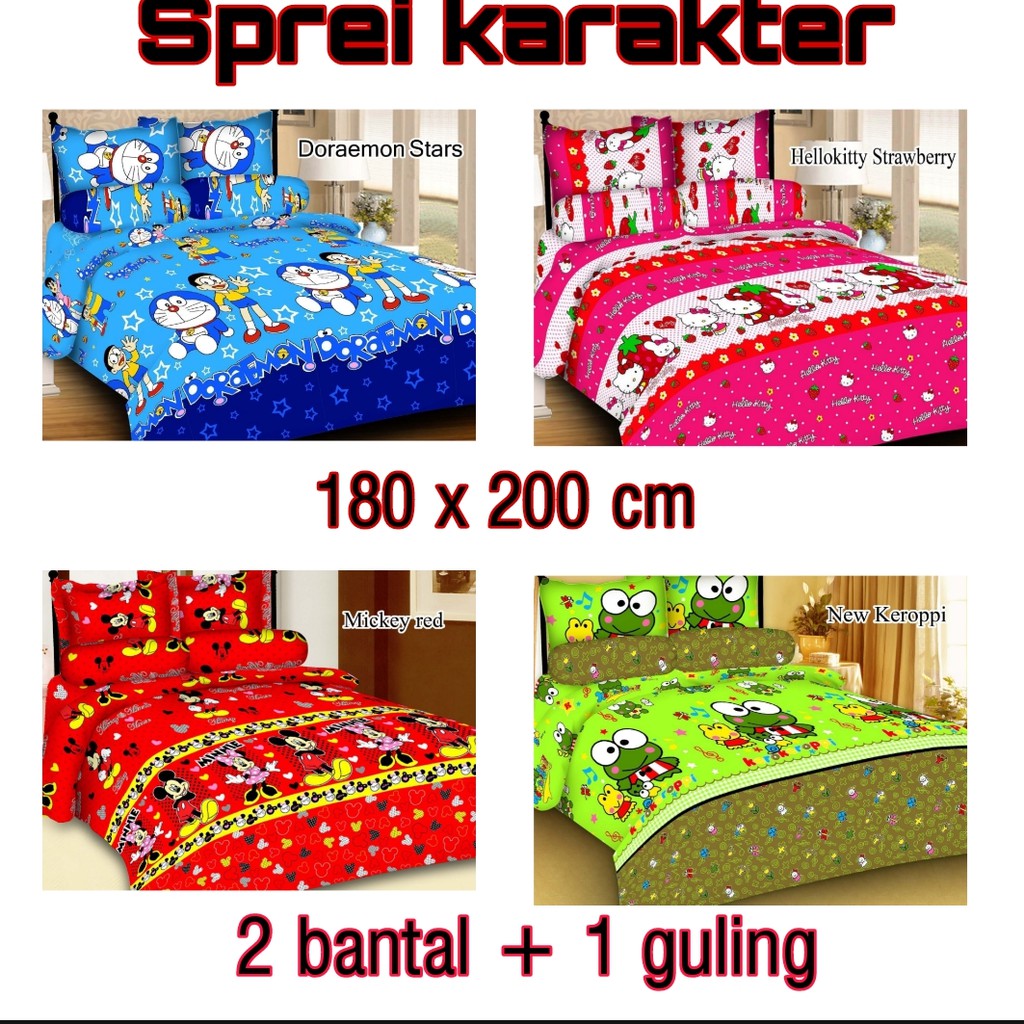 Sprei karakter bahan katun halus ukuran 180 x 200 free sarung bantal guling