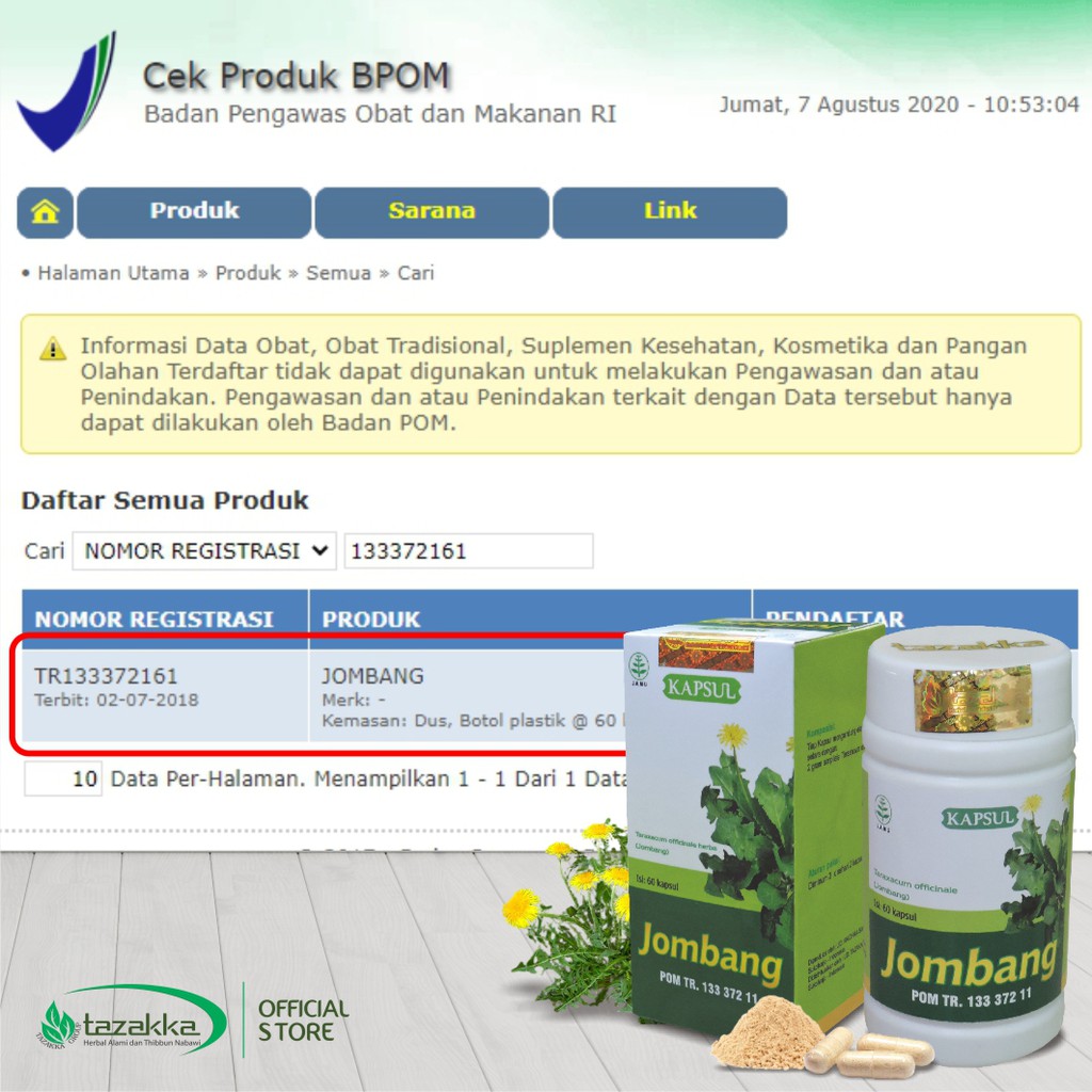 Obat Batuk | Obat Herbal | Obat Disentri DAUN JOMBANG Tazakka isi 60 Kapsul HALAL BPOM ORIGINAL