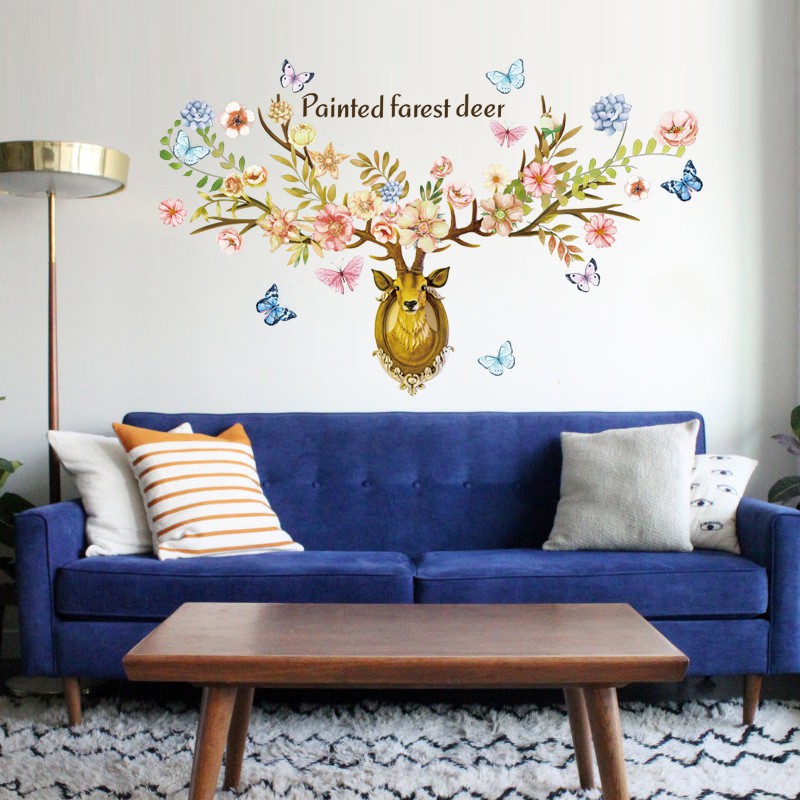 Reliza Wall Sticker Painted Farest Deer Flowers Kepala Rusa Stiker Dinding LDR