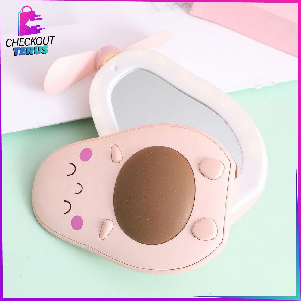 CT K36 Kipas Cermin Makeup LED 3in1 Portable Karakter Cermin Kipas Kecil Make Up Mini Fan Led Mirror USB Charger