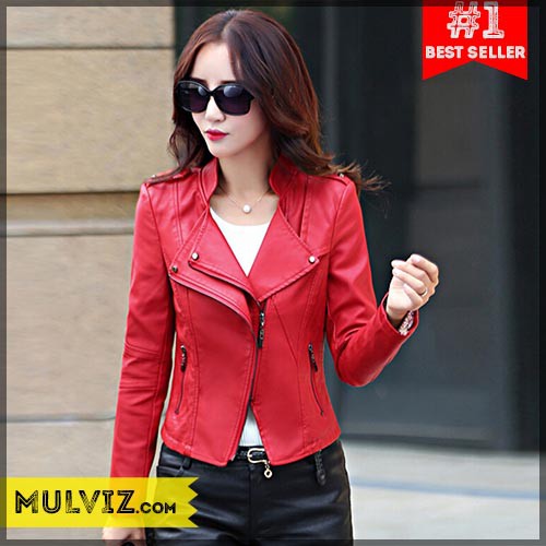 Jaket Kulit Wanita Korea Sporty / Blazer Korea PU Leather - Merah