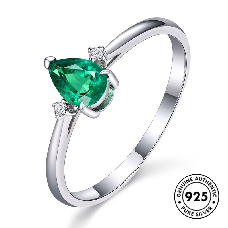 Cincin Sterling Silver 925 Model Tetesan Air Dengan Emerald Untuk Wanita