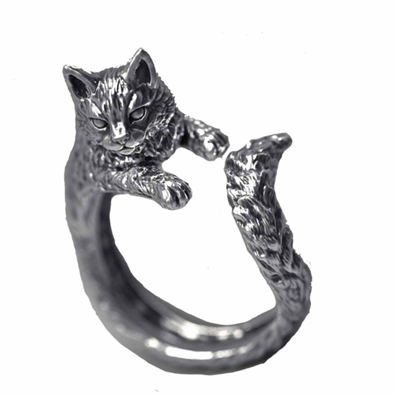 Cincin Desain Hewan Kucing Gaya Retro Punk Gothic Hip Hop Rock Untuk Wanita