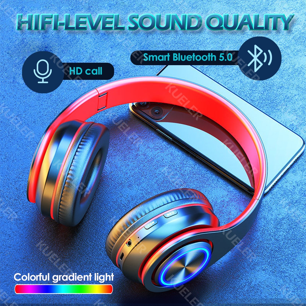 Headset Bluetooth Lampu LED Warna-warni B39 Henset Bloetooth HiFi Stereo Headphone Bluetooth dengan Mikrofon Mendukung Panggilan HD Kartu SD AUX Earphone Bluetooth