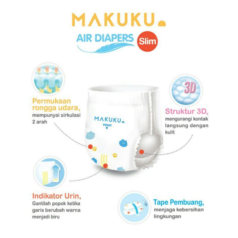 MAKUKU Air Diapers Slim Tape S22 Pants M22 L22 XL22 / Popok Bayi Tipis SAP Anti Gumpal Cepat Kering Sekali pakai