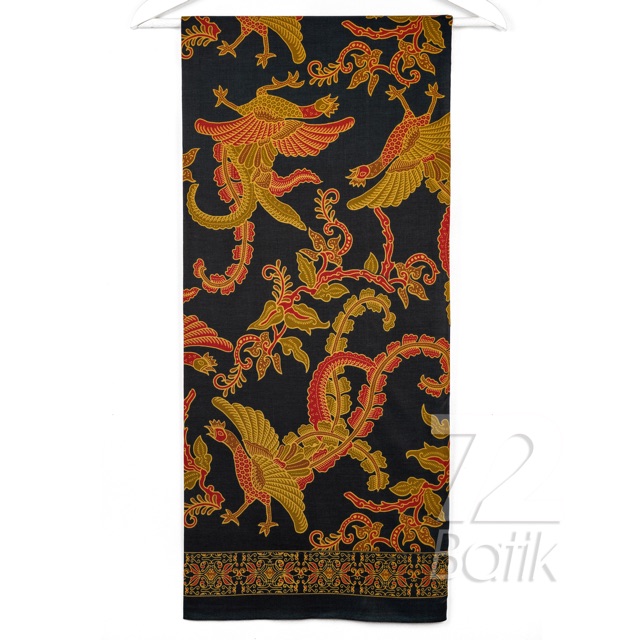 KAIN BATIK KATUN Premium Motif Burung Warna Hitam Merah Kuning 726154 Cap 72 Jarik Jarit Samping Kebat Panjang Batik Katun Modern Premium Bahan Seragam Batik Pernikahan Kantor Keluarga Murah Kamen Jadi Batik Bali Lembaran