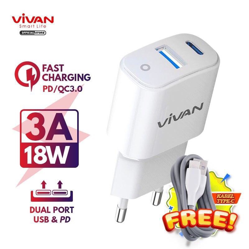 Charger VIVAN Power Super II Fast Charging Dual Port USB (QC3.0) &amp; Type-C (PD) 3A 18W Support iPhone