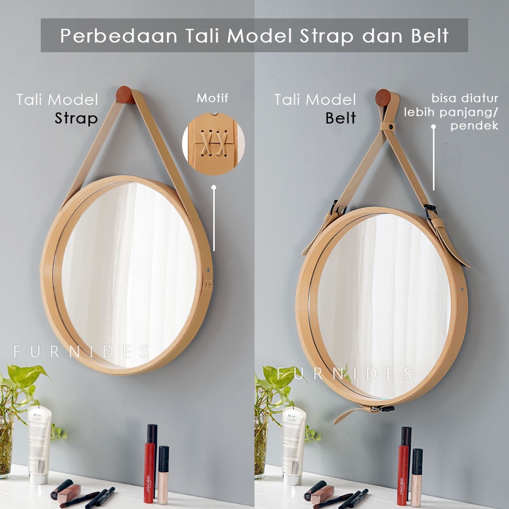 Diameter 37 cm | Cermin Gantung Bulat/Bundar | Frame Tebal 4 cm Motif Kayu