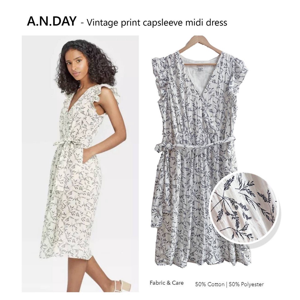 vintage print capsleeve midi dress anewday