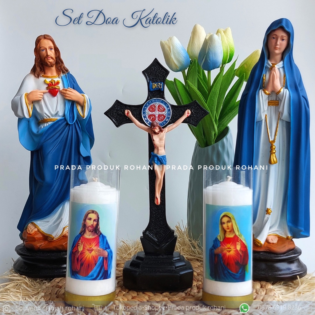 Patung Yesus Hati Kudus/Patung Bunda Maria Hati kudus/Set Doa Katolik/Salib klasik/Tempat lilin rohani
