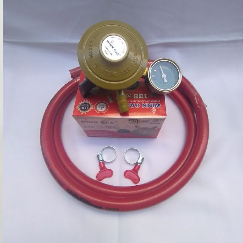 REGULATOR WINN GAS W 138 METER +SELANG DUA LAPIS 2 METER+ KLEAM 2 PC