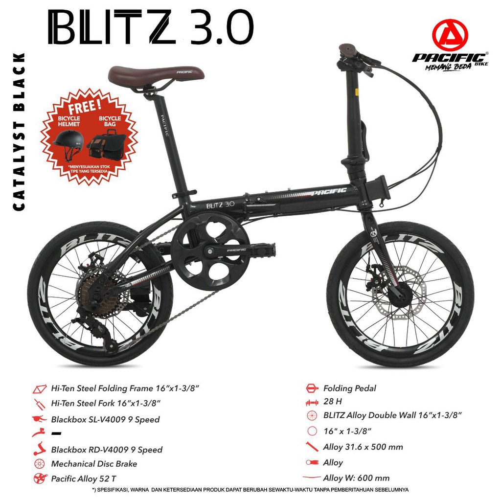 Sepeda Lipat Pacific Blitz 3.0 Tire 16" x 1 3/8" Steel 1x9Sp Mech Disc Brake