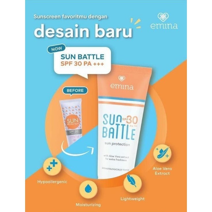 Emina Sun Battle SPF30 60mL (Sun Protection) / Sun Battle SPF 45 30mL / Skin Buddy Sun Protection - Sunscreen Perlindungan Sinar UV Original BPOM