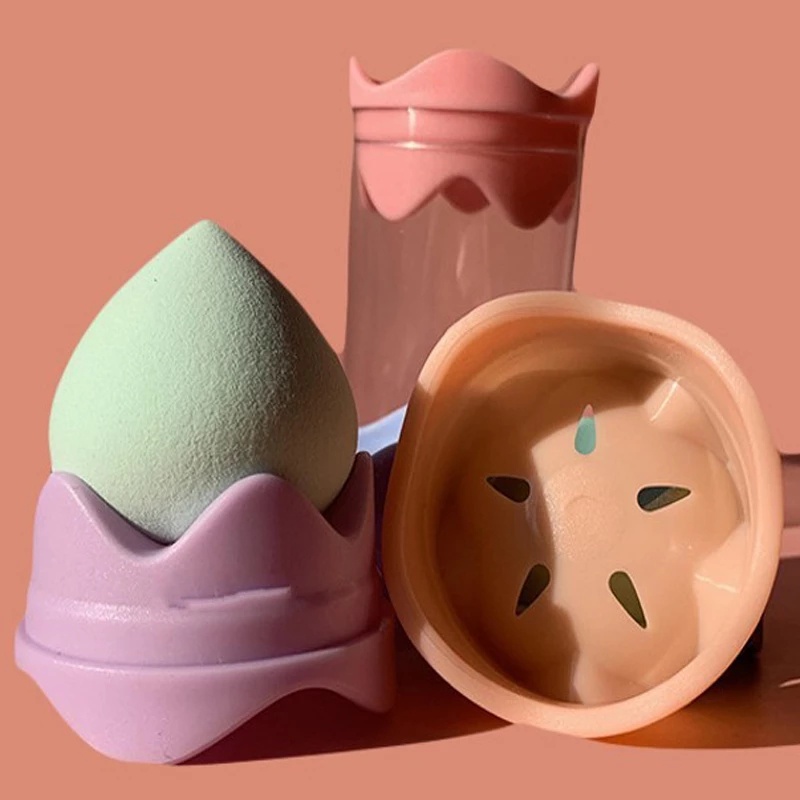 1pc Spons Beauty Blender Bentuk Telur Dengan Kotak Penyimpanan Warna Acak