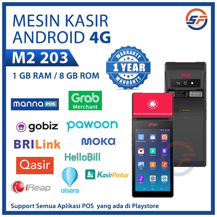 Mesin Kasir Portable Sunmi V2 2+16 4G Printer Thermal Online Food Gobiz Grab Merchant Shopee Food