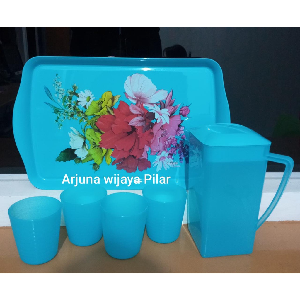 Nampan Teko Gelas Plastik set - Topan Set 4 gelas,1 teko Calista Premium, 1 nampan gratis my bottle+ Bubblewrap