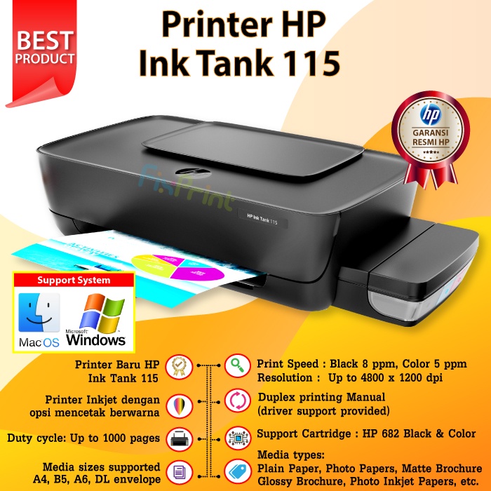 HP Ink Tank 115 Printer InkTank with Cartridge Tinta Infus GT51 GT52