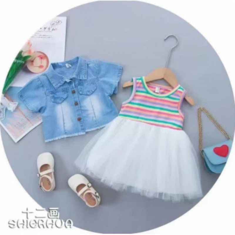 Babyfashion88 Dress 2in1 tutu streak bear LV denim UK 6bln-3tahun