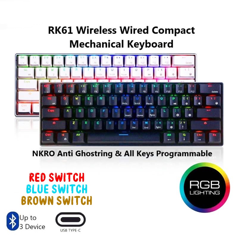 Mechanical Keyboard Royal Kludge RK61 Wired Wireless Bluetooth