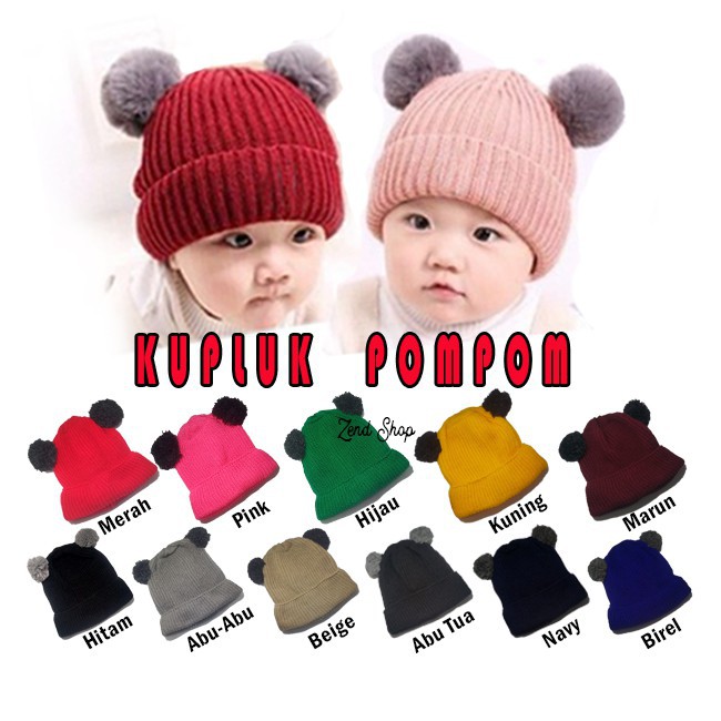 TOPI KUPLUK BAYI POMPOM - UNISEX USIA 0-2 TAHUN -POLOS KUPLUK RAJUT ANAK BAYI