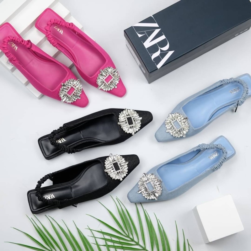 Sepatu Teplek Balet Wanita ZR Flat Shoes with Diamond Aksen Berlian Premium Import Hitam Black Pink 