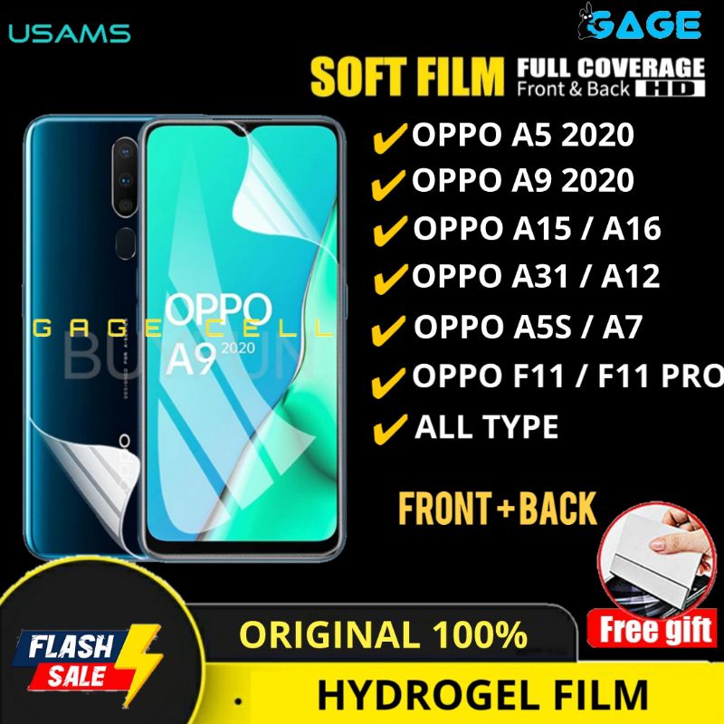 USAMS - HYDROGEL FILM FULL LAYAR OPPO A5 A9 A15 A16 A31 A12 A7 F9 F11 PRO FULL SCREEN PROTECTOR