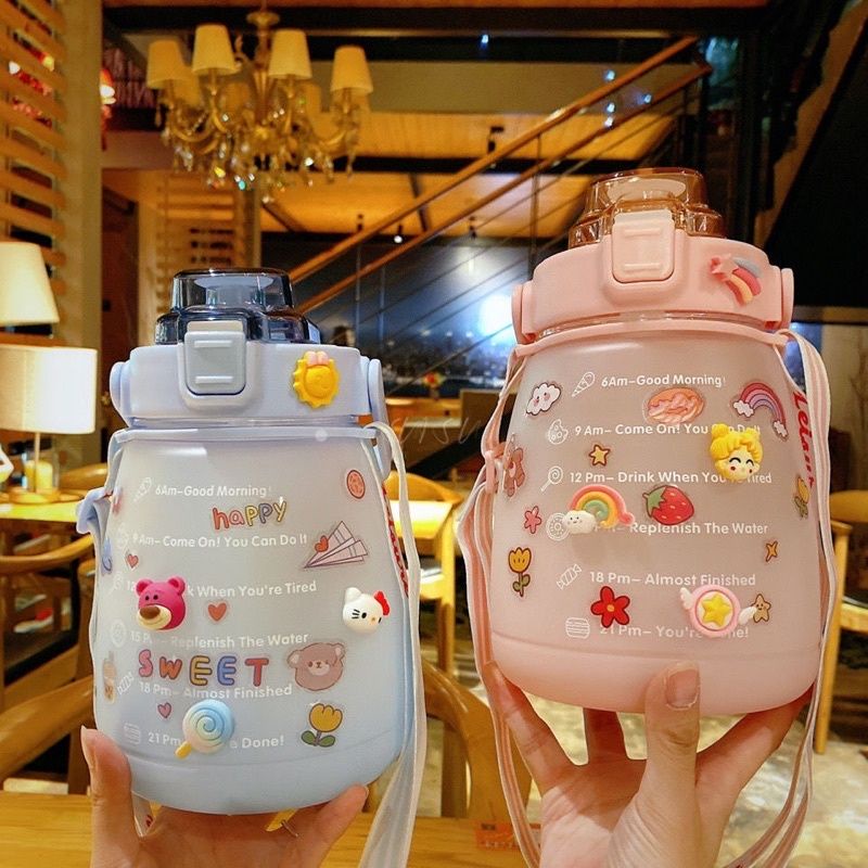 【Stiker gratis】Botol Minum Big Belly Gemoy 1400ML 1.4Liter Botol Motivasi Penanda Waktu Botol Minum Viral