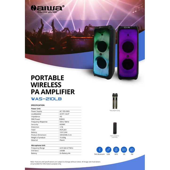 Aiwa WAS 210LB WAS 210 Speaker Portable 10 Inchi 2x10 Original wireless