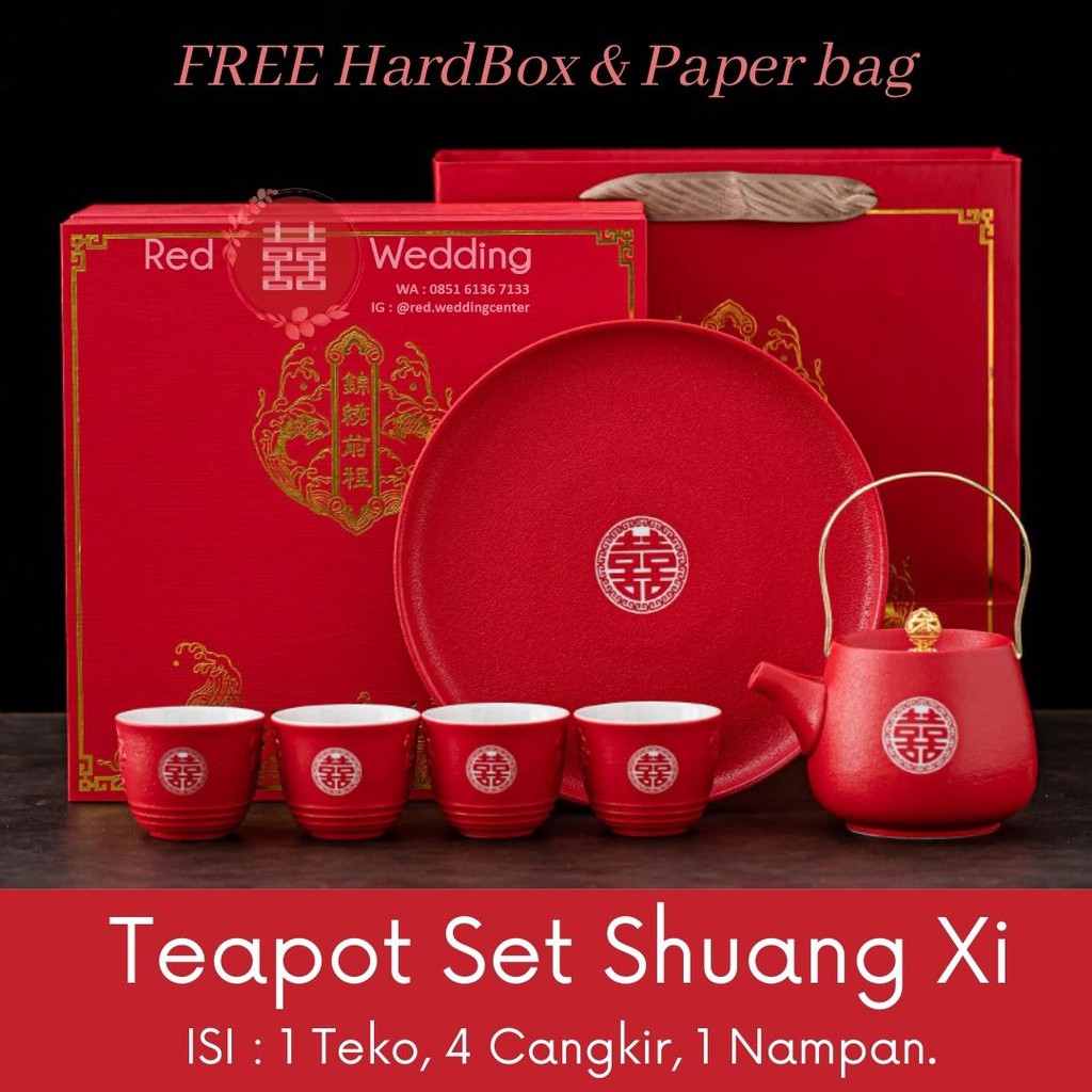 Complete Teapot Wedding Set Teko 4 Cangkir Keramik dengan Nampan Ukir Shuangxi untuk Sangjit Teapai FREE HARDBOX dan PAPERBAG