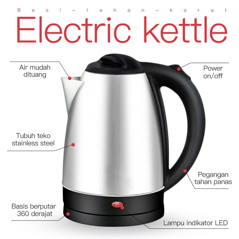 COD Teko Listrik Stainlees Portable Pemanas Air Electric Kettle Ketel Besar Muat 2 Liter Air Serbaguna WHFURNITURE