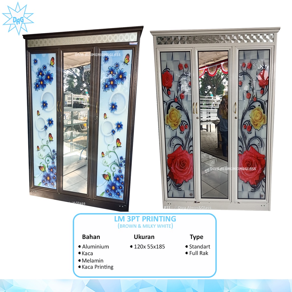 Lemari pakaian kaca pintu 3 alumunium frame putih & coklat | lemari baju doraemon kaca motif printin