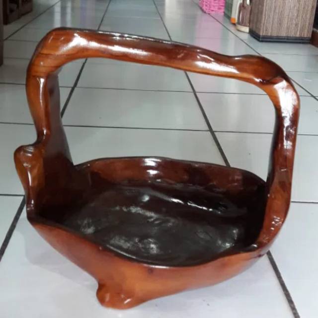 TEMPAT BUAH DAN SAYUR DENGAN HANDLE BAHAN KAYU JATI ASLI 30x28x18 cm - DEKORASI RUMAH MURAH