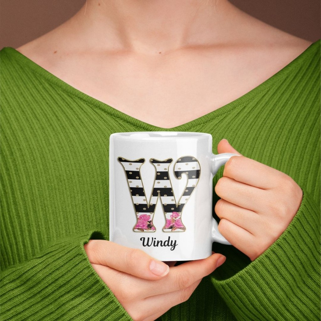 Gelas Mug Nama | Tema Desain Strip Hitam Putih dan Mawar Pink Custom Nama