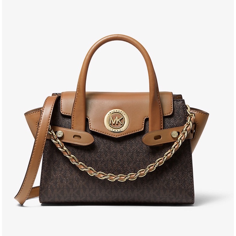 MICHAEL KORS MK Carmen Extra-Small Logo and Leather Belted Satchel brown acorn