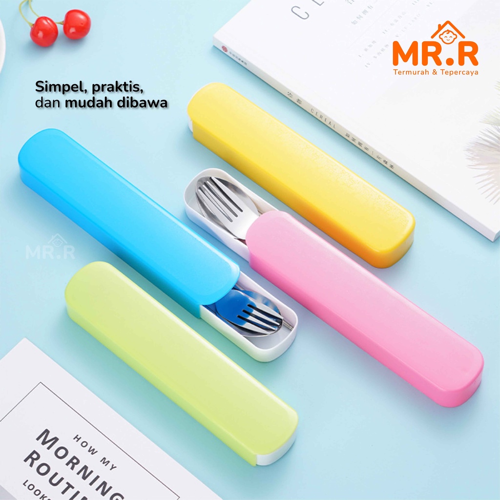 1 Set Alat Makan Sendok Garpu Sumpit Stainless Steel + Box Portable Travel Cutlery Set Food Grade