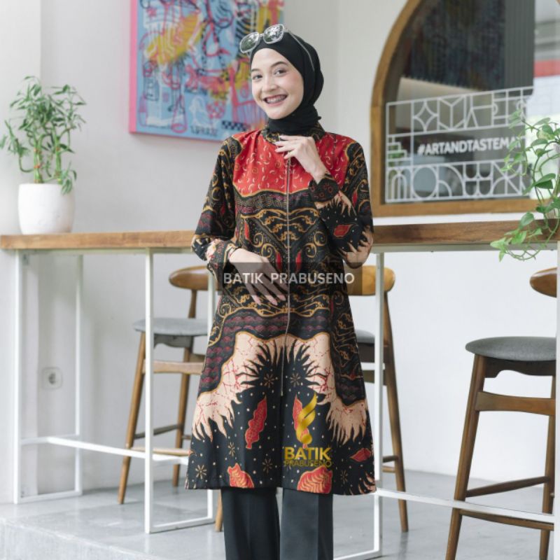 Batik Prabuseno Original 100% Baju Wanita Motif Kalingga Hitam Modern Premium Terbaru Lengan Panjang
