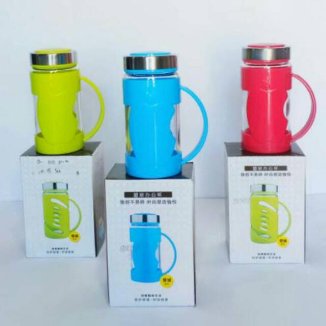Botol air minum kaca gagang plastik unik import murah