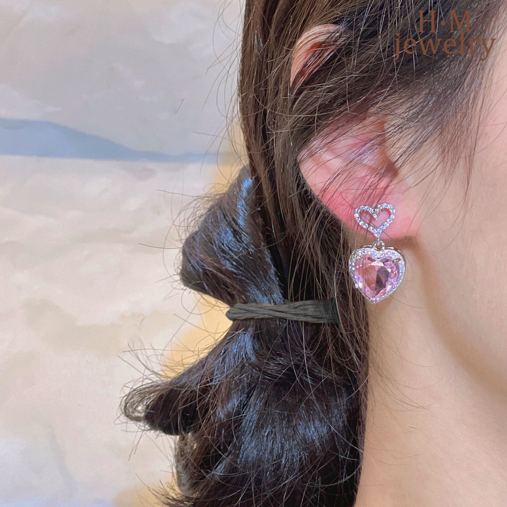 Anting Tusuk Bentuk Hati Aksen Zircon AAA Warna Pink Untuk Wanita