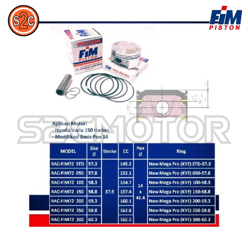 PISTON KIT VARIO 150 PCX 150 FIM72 PIN 14 FIM 72-2
