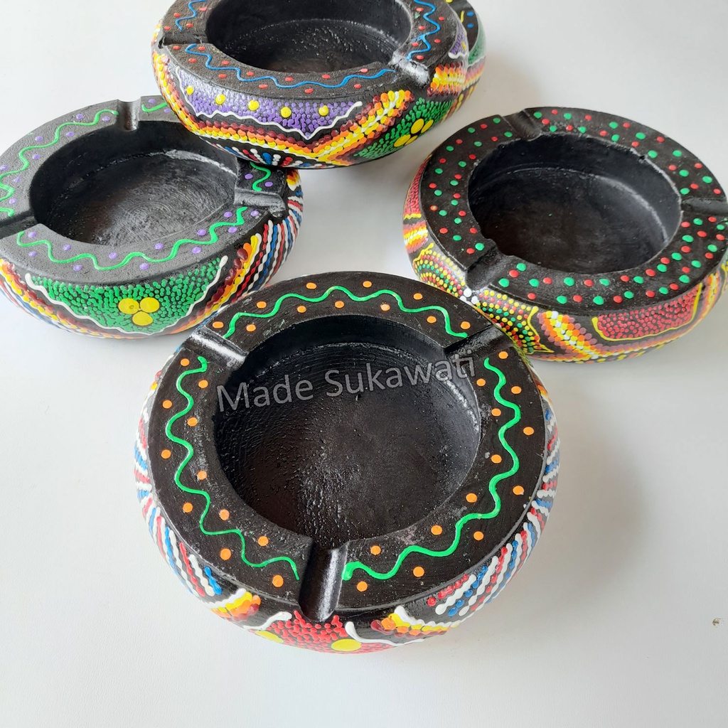 5pcs Asbak kayu lukis tutul 1set kerajinan tangan handmade bali