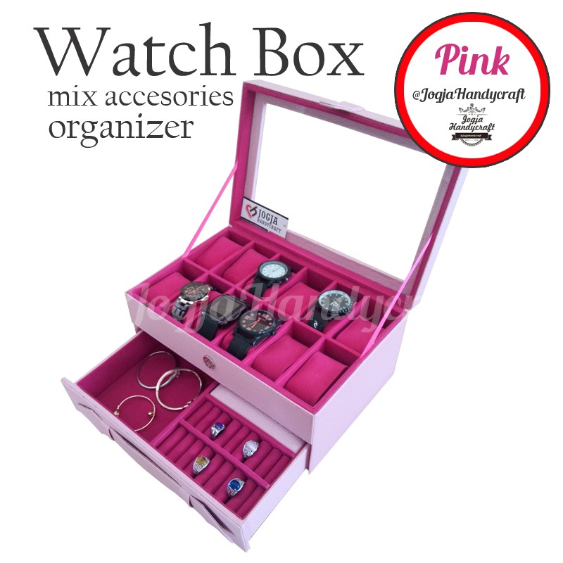 Baby Pink Watch Box For 12 Watches Mix Accesories / Kotak jam isi 12 mix laci tempat perhiasan