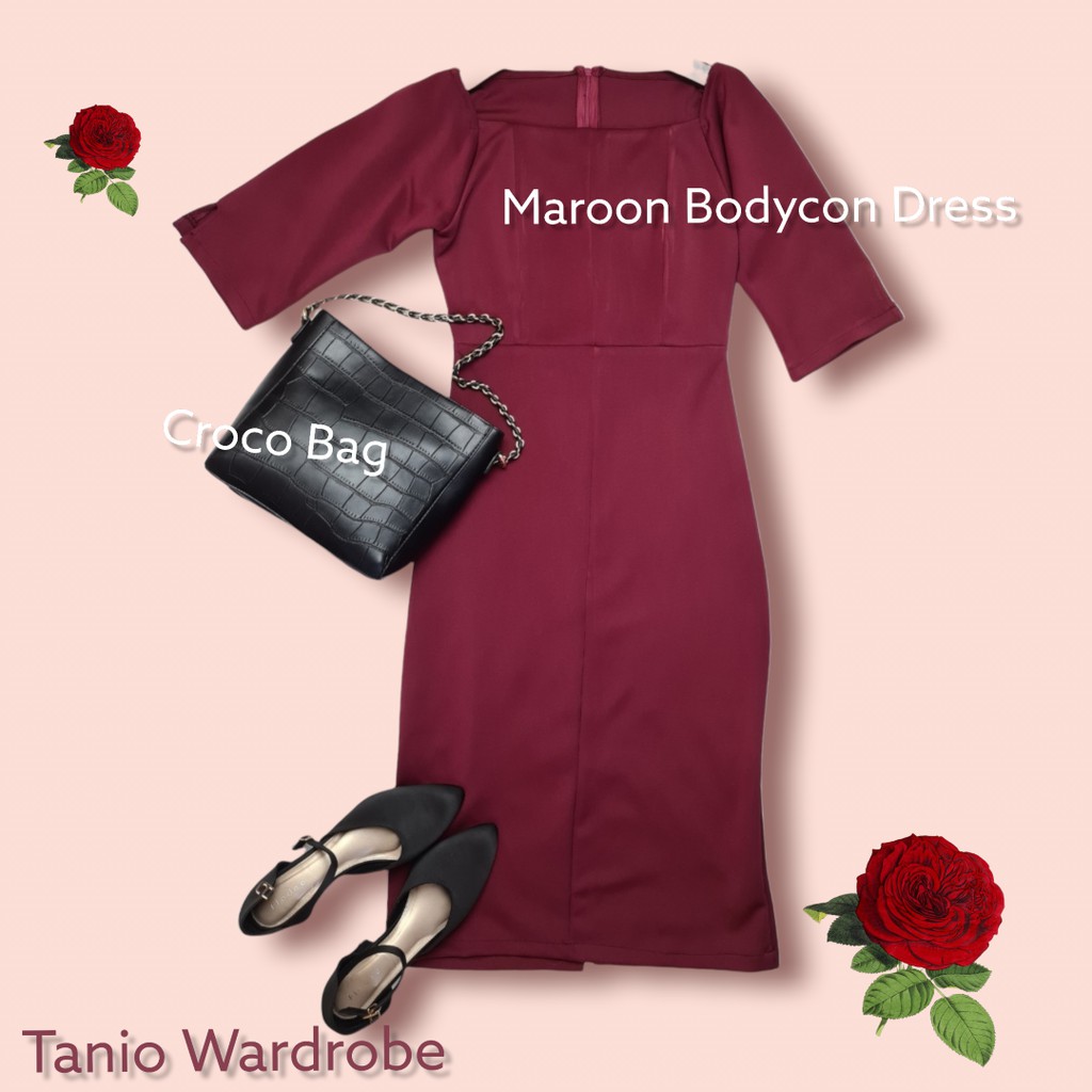 Premium Maroon Bodycon Dress - Dress Kondangan - Tas Hitam Croco Import