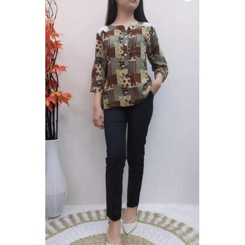 ATASAN PREMIUM CHIBI MIX BROKAT MOTIF BATIK (COKLAT)